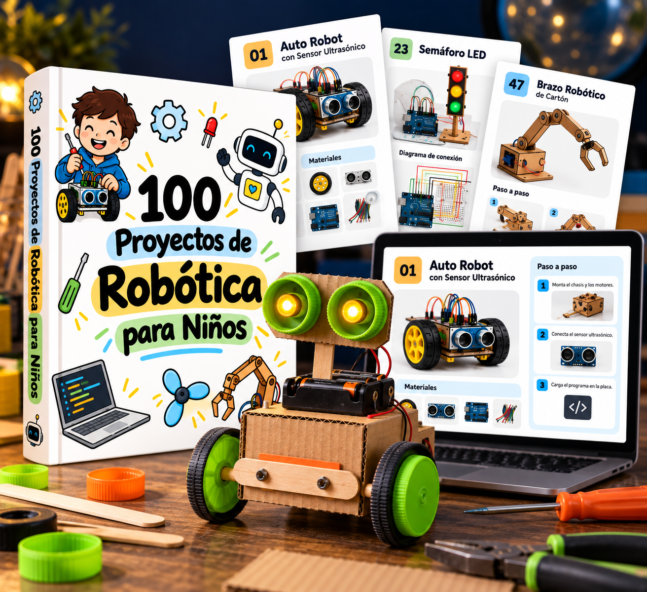 Representación de la biblioteca digital con portada, páginas de proyectos, computadora y un robot de cartón